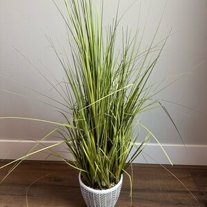 Green Artificial Grass Plant in White Pot